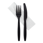 Wholesale Heavy-Weight Cutlery Kits Knife, Fork, 1-ply Napkin Black - 500 ct