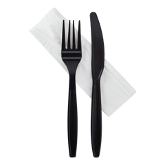 Wholesale Heavy-Weight Cutlery Kits Knife, Fork, 1-ply Napkin Black - 500 ct