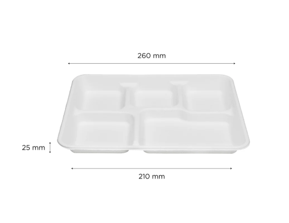 Karat Earth 10''x8'' PFAS Free Eco-Friendly Bagasse Tray, White, 5-Compartments - 100 pcs