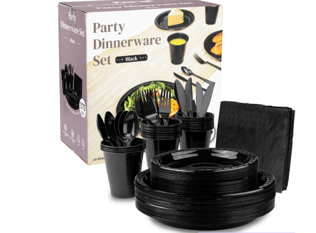 [25 sets] Black Party Dinnerware Set | Plate, Cup, Fork, Knife, Spoon, Napkin