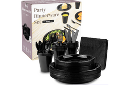 [25 sets] Black Party Dinnerware Set | Plate, Cup, Fork, Knife, Spoon, Napkin