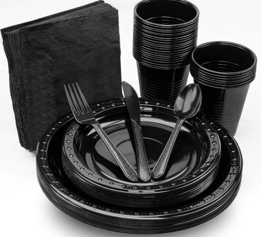 [25 sets] Black Party Dinnerware Set | Plate, Cup, Fork, Knife, Spoon, Napkin
