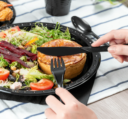 [25 sets] Black Party Dinnerware Set | Plate, Cup, Fork, Knife, Spoon, Napkin