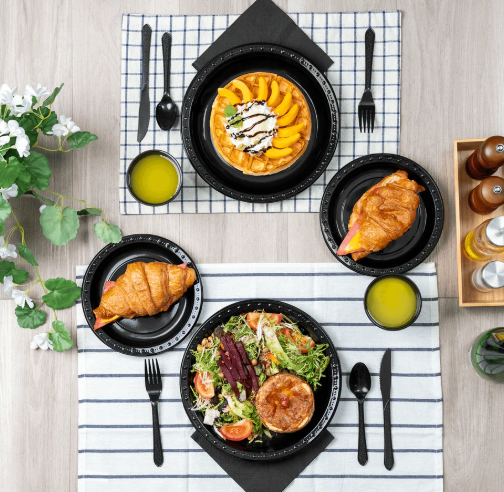 [25 sets] Black Party Dinnerware Set | Plate, Cup, Fork, Knife, Spoon, Napkin