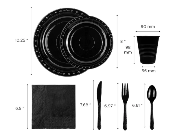[25 sets] Black Party Dinnerware Set | Plate, Cup, Fork, Knife, Spoon, Napkin