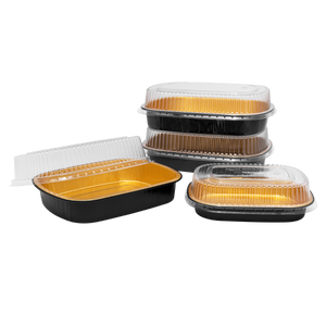 Wholesale 24 oz Black and Gold Aluminum Foil Take Out Pan with Clear PET Dome Lid - 100 Set