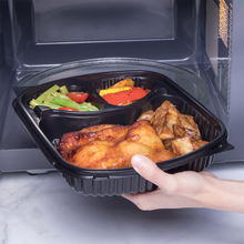 Load image into Gallery viewer, Wholesale 36oz PP Plastic Microwaveable Black Take Out Box 3-compartment - 300 ct
