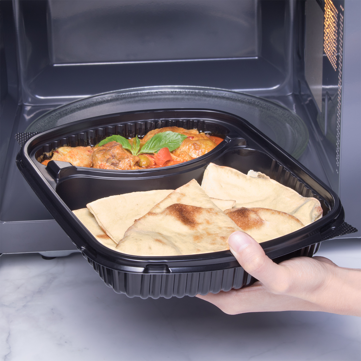 Wholesale OPS Lid for 36oz PP Plastic Microwaveable Black Take Out Box 2 Compartment - 300 ct
