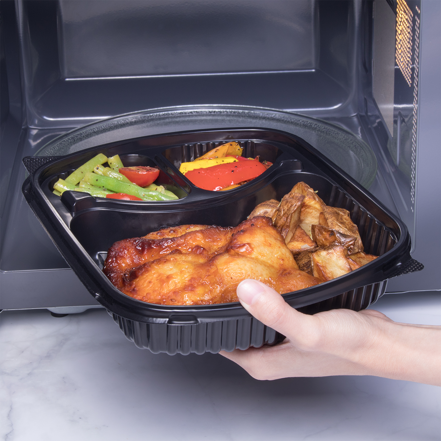 Wholesale OPS Lid for 36oz PP Plastic Microwaveable Black Take Out Box, 3 Compartment - 300 ct