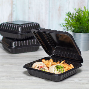 Wholesale 8'' x 8" Black PP Hinged Container, 1 compartment - 250 ct