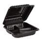 Wholesale 8'' x 8" Black PP Plastic Hinged Container, 3 compartment - 250 ct