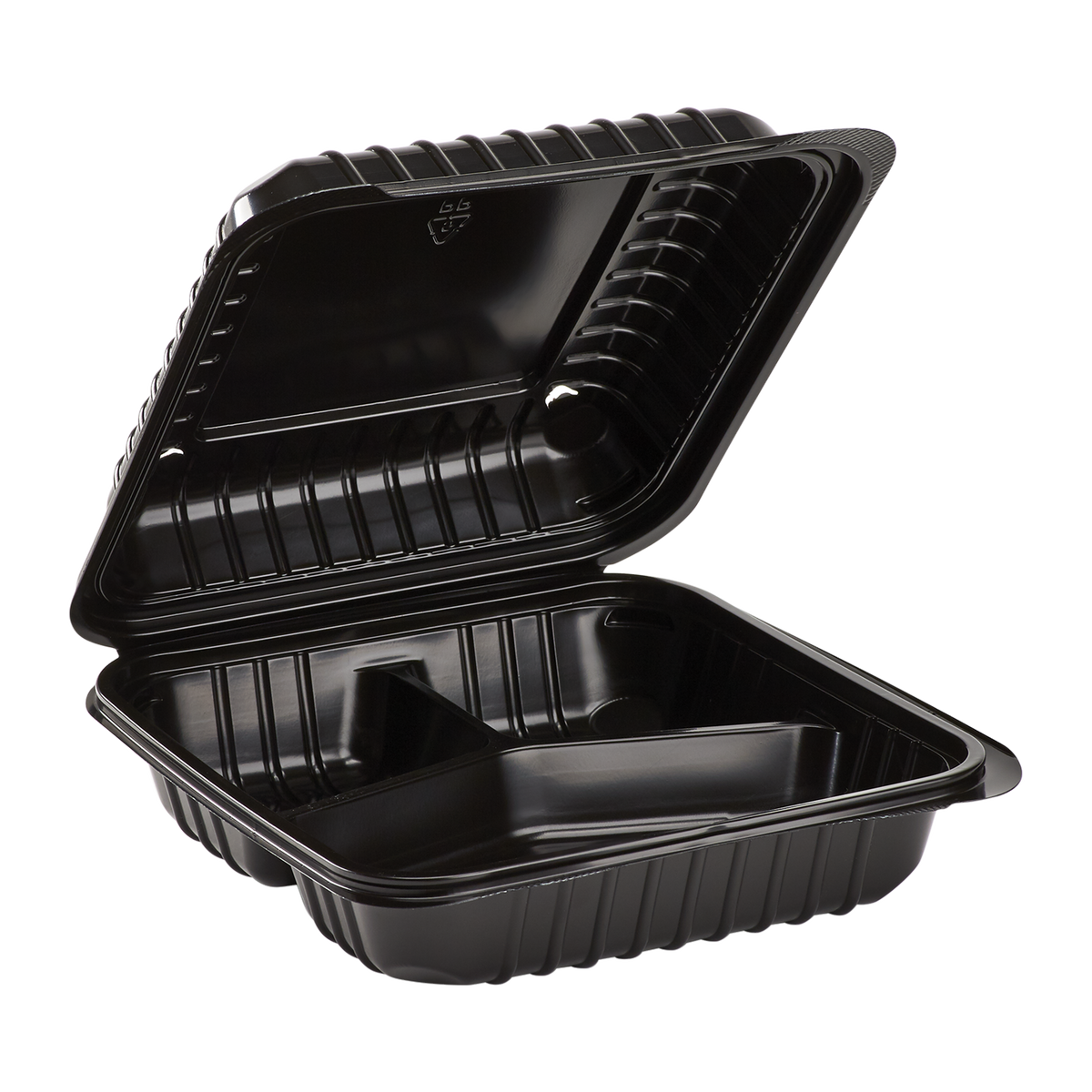 Wholesale 8'' x 8" Black PP Plastic Hinged Container, 3 compartment - 250 ct