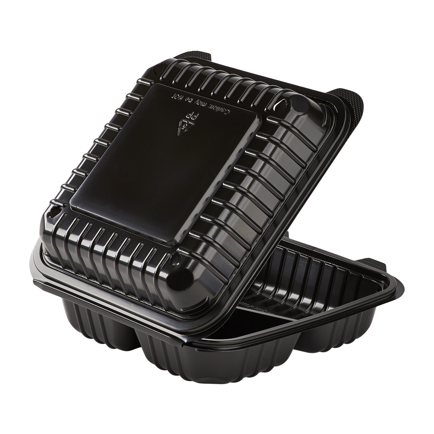 Wholesale 8'' x 8" Black PP Plastic Hinged Container, 3 compartment - 250 ct