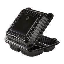 Load image into Gallery viewer, Wholesale 8&#39;&#39; x 8&quot; Black PP Plastic Hinged Container, 3 compartment - 250 ct
