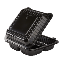Wholesale 8'' x 8" Black PP Plastic Hinged Container, 3 compartment - 250 ct