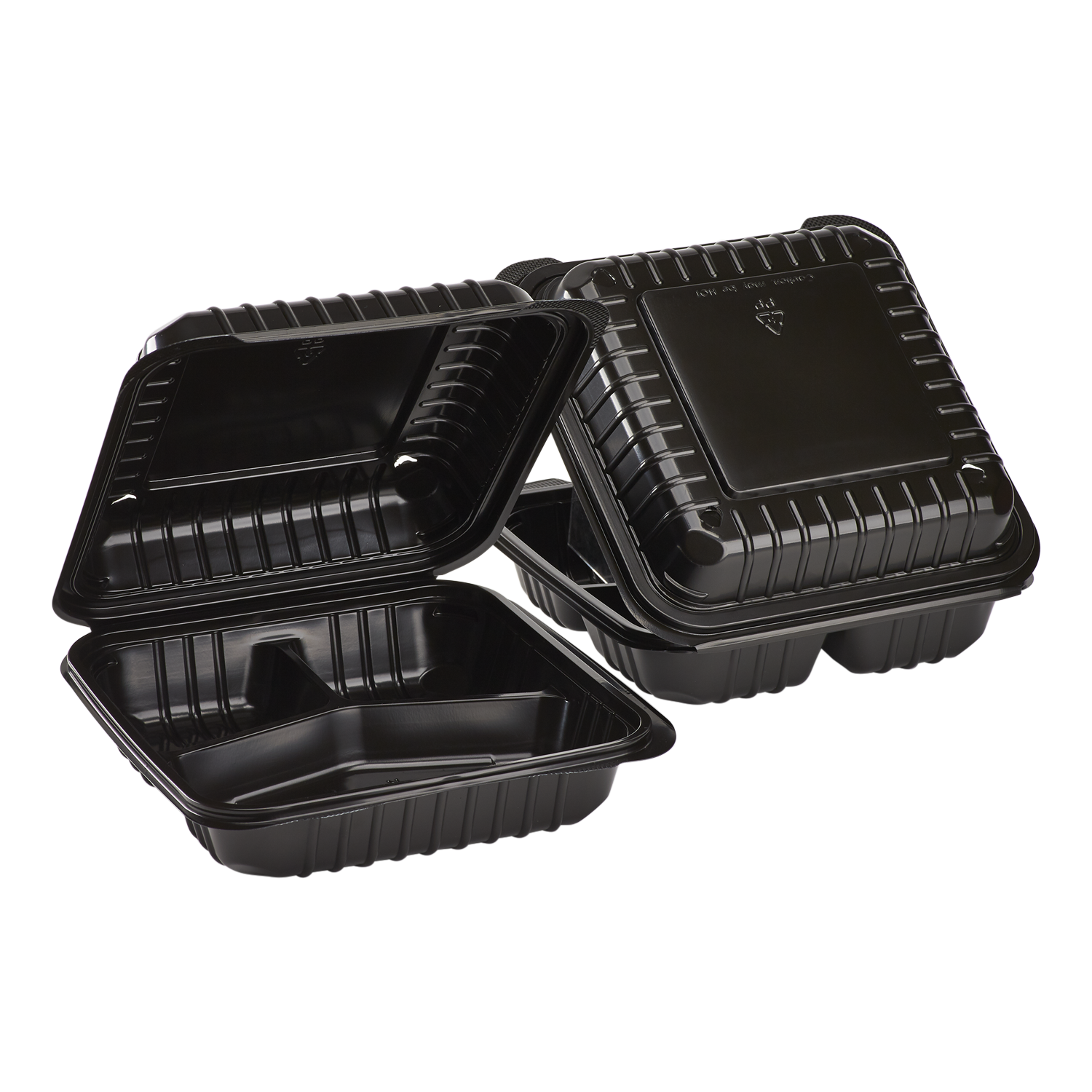 Wholesale 8'' x 8" Black PP Plastic Hinged Container, 3 compartment - 250 ct