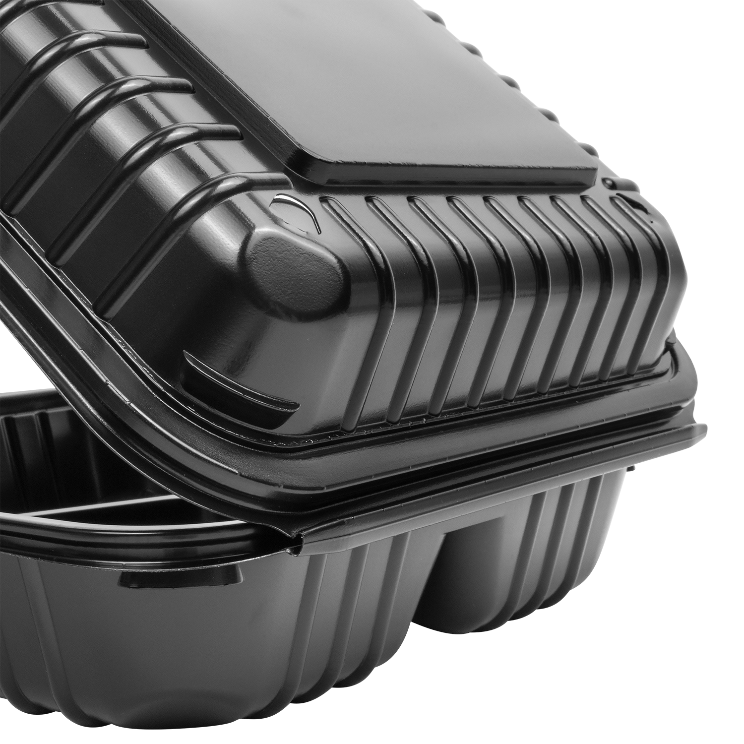 Wholesale 8'' x 8" Black PP Plastic Hinged Container, 3 compartment - 250 ct