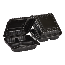 Load image into Gallery viewer, Wholesale 8&#39;&#39; x 8&quot; Black PP Plastic Hinged Container, 3 compartment - 250 ct
