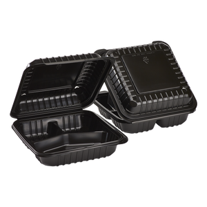 Wholesale 8'' x 8" Black PP Plastic Hinged Container, 3 compartment - 250 ct