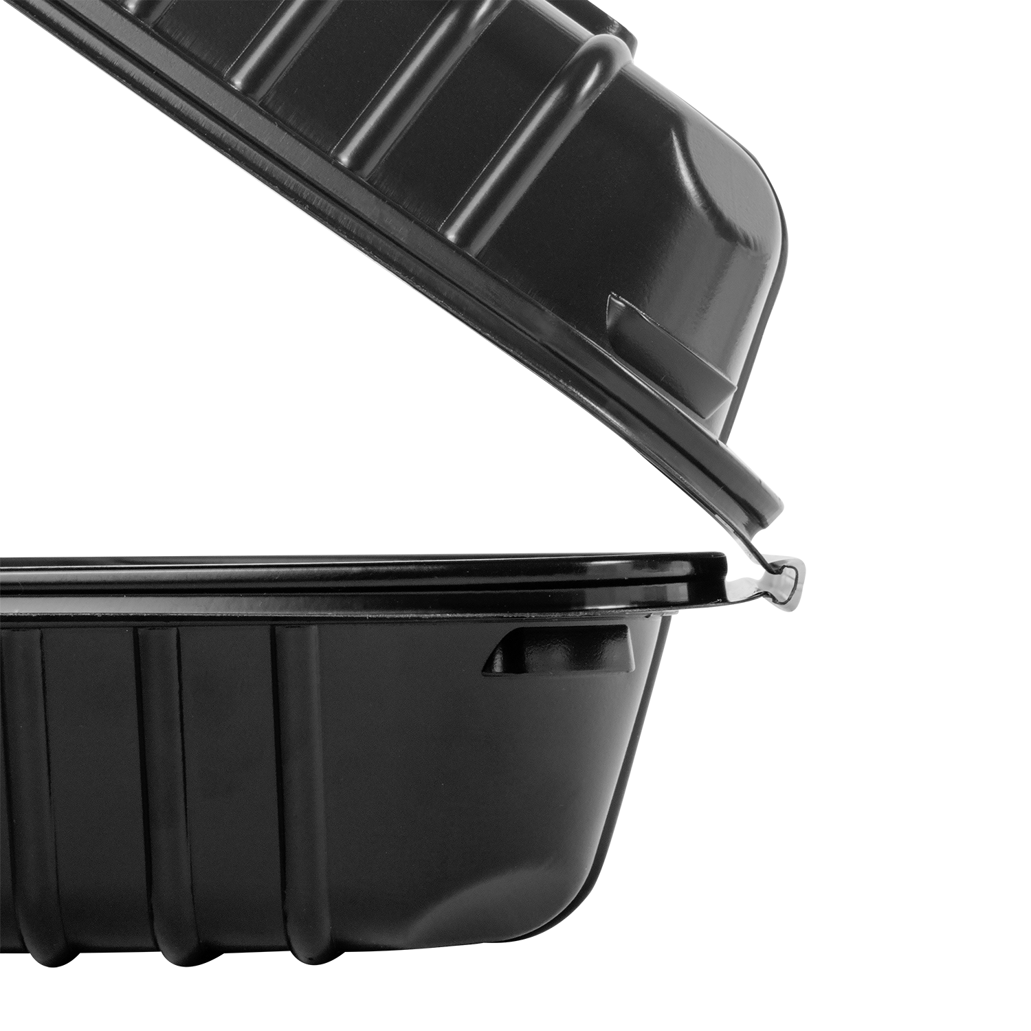 Wholesale 8'' x 8" Black PP Plastic Hinged Container, 3 compartment - 250 ct