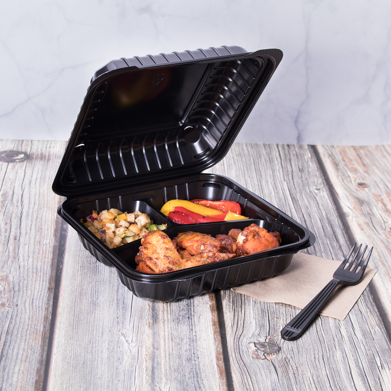 Wholesale 8'' x 8" Black PP Plastic Hinged Container, 3 compartment - 250 ct