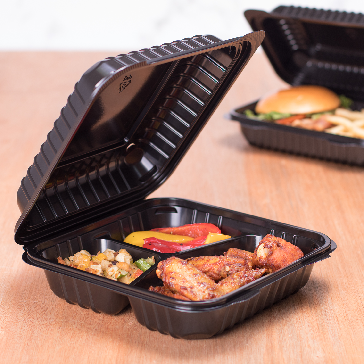 Wholesale 8'' x 8" Black PP Plastic Hinged Container, 3 compartment - 250 ct