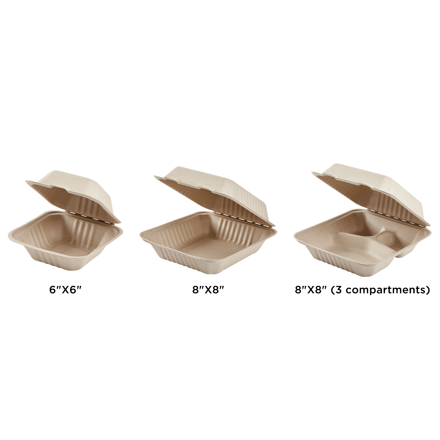 Wholesale 8'' x 8'' Compostable Bagasse Hinged Containers, 3 Compartments - 200 ct