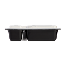 Load image into Gallery viewer, Wholesale 30oz PP Plastic Microwavable Rectangular Food Containers &amp; Lids Black 2 Compartments - 150 ct
