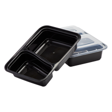 Load image into Gallery viewer, Wholesale 30oz PP Plastic Microwavable Rectangular Food Containers &amp; Lids Black 2 Compartments - 150 ct
