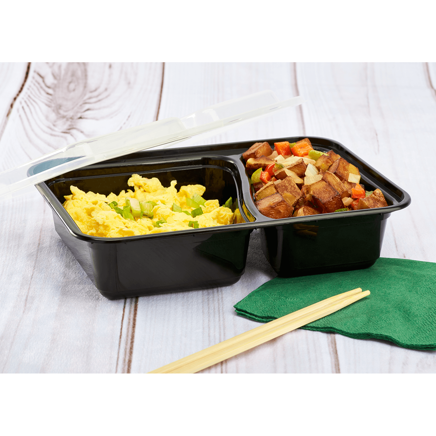 Wholesale 30oz PP Plastic Microwavable Rectangular Food Containers & Lids Black 2 Compartments - 150 ct