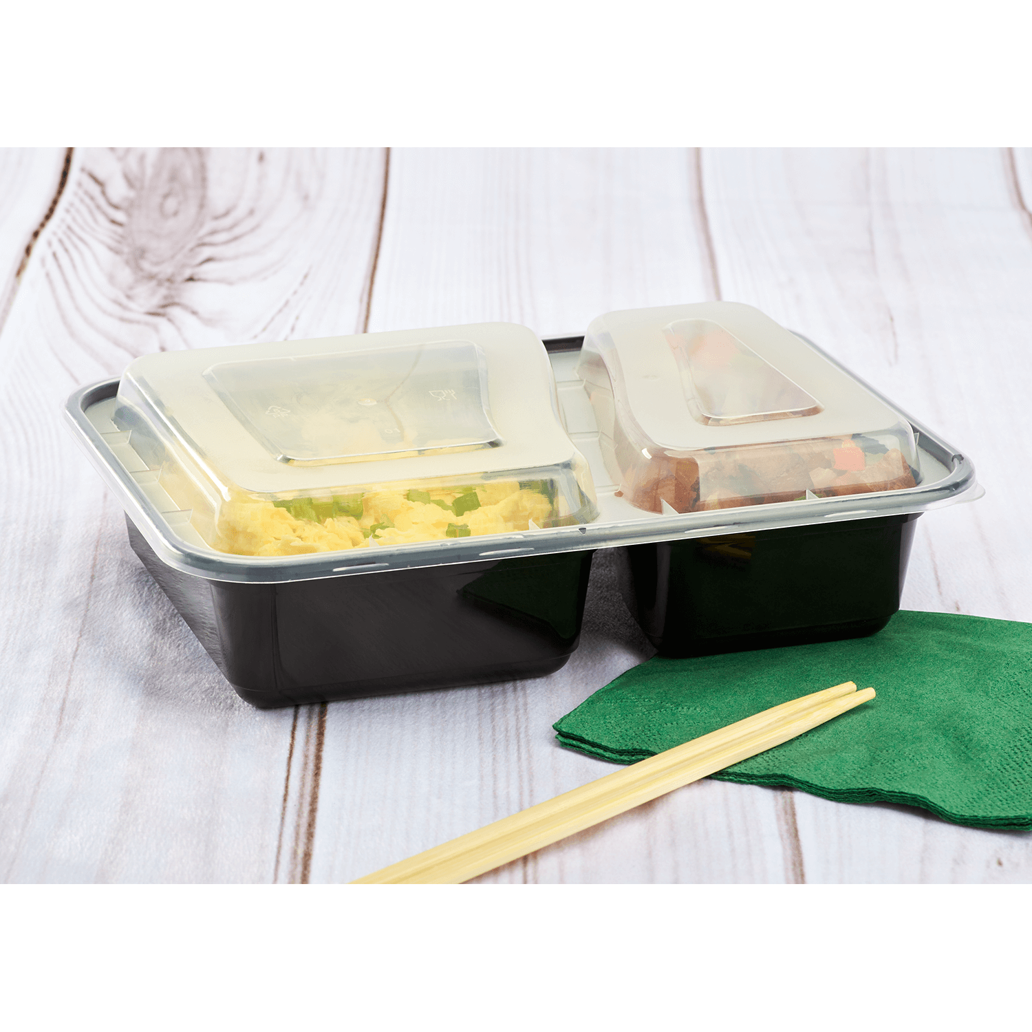 Wholesale 30oz PP Plastic Microwavable Rectangular Food Containers & Lids Black 2 Compartments - 150 ct