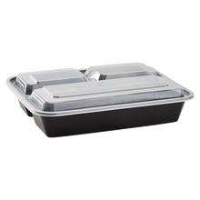 Load image into Gallery viewer, Wholesale 32oz PP Plastic Microwavable Rectangular Food Containers &amp; Lids Black - 3 Compartments - 150 ct
