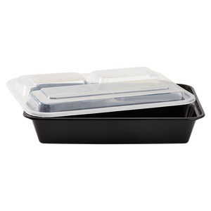 Wholesale 32oz PP Plastic Microwavable Rectangular Food Containers & Lids Black - 3 Compartments - 150 ct