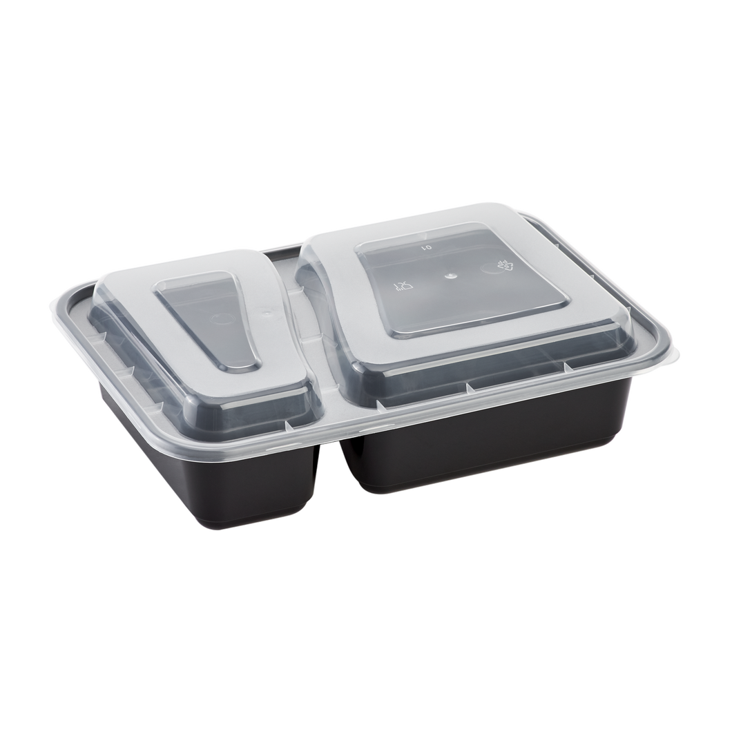 Wholesale 30oz PP Plastic Microwavable Rectangular Food Containers & Lids Black 2 Compartments - 150 ct