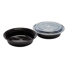 Load image into Gallery viewer, Wholesale 24oz PP Plastic Microwavable Round Food Containers &amp; Lids Black - 150 ct
