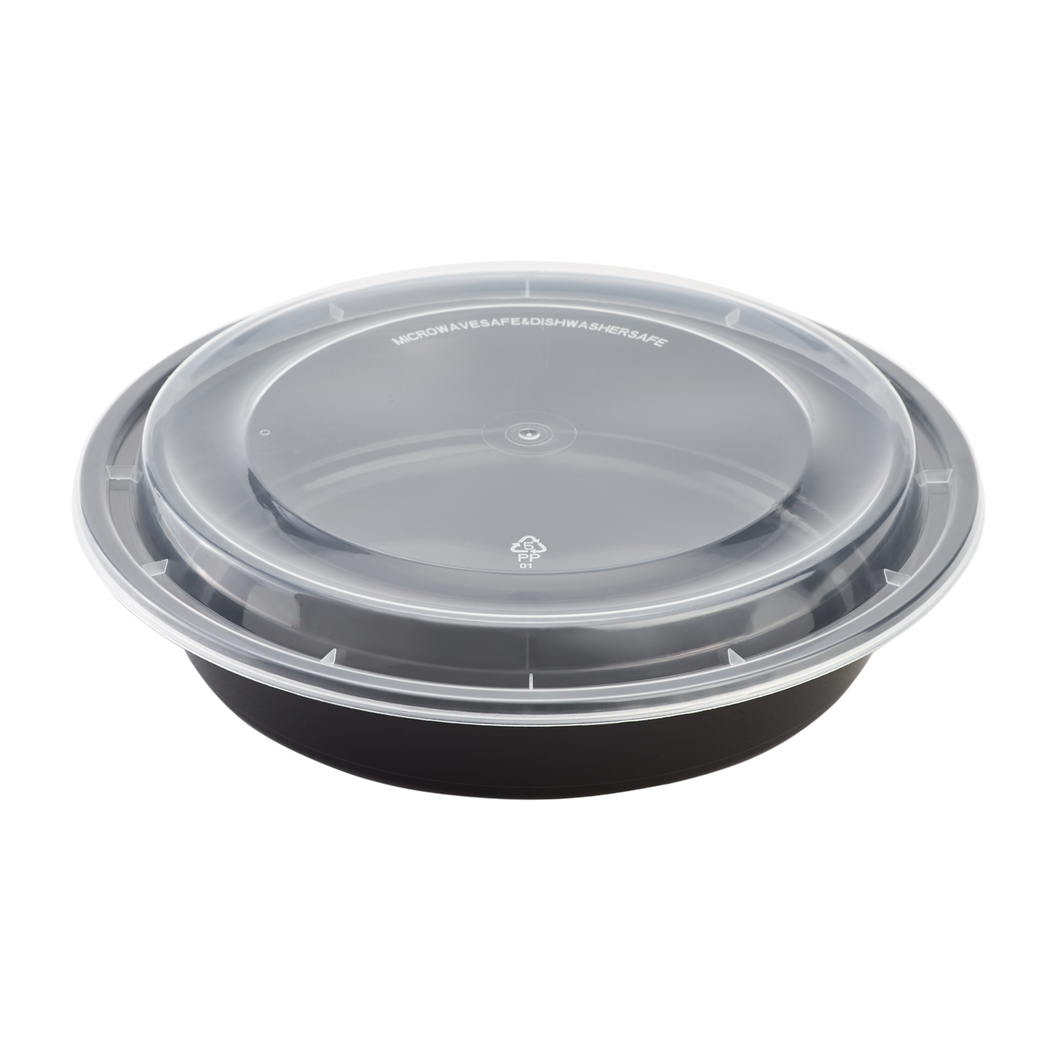 Wholesale 48oz PP Plastic Microwavable Round Food Containers & Lids Black - 150 ct