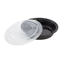 Load image into Gallery viewer, Wholesale 48oz PP Plastic Microwavable Round Food Containers &amp; Lids Black - 150 ct
