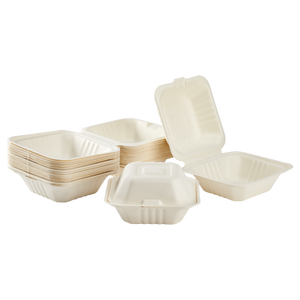 Wholesale 6''x6'' Compostable Bagasse Hinged Containers - 500 ct