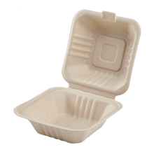 Load image into Gallery viewer, Wholesale 6&#39;&#39; x 6&#39;&#39; Compostable Bagasse Hinged Containers - 500 ct

