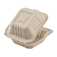 Wholesale 6'' x 6'' Compostable Bagasse Hinged Containers - 500 ct