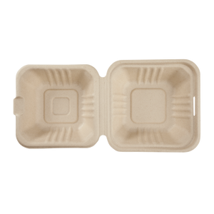 Wholesale 6'' x 6'' Compostable Bagasse Hinged Containers - 500 ct