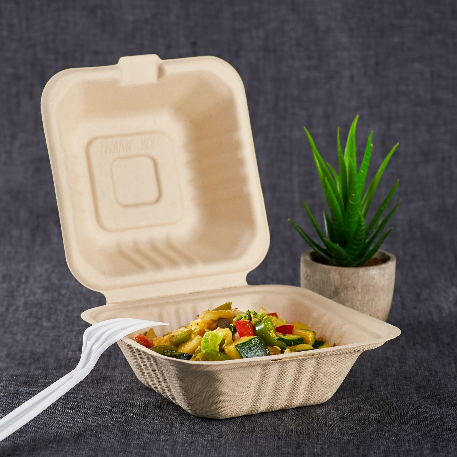 Wholesale 6'' x 6'' Compostable Bagasse Hinged Containers - 500 ct