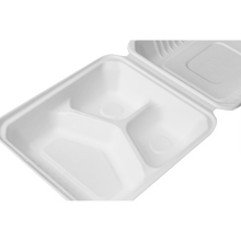 Load image into Gallery viewer, Wholesale 8&#39;&#39;x8&#39;&#39; Compostable Bagasse Hinged Containers 3 Compartments - 200 ct
