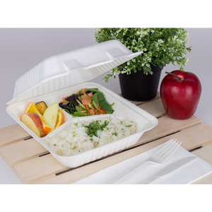 Wholesale 8''x8'' Compostable Bagasse Hinged Containers 3 Compartments - 200 ct