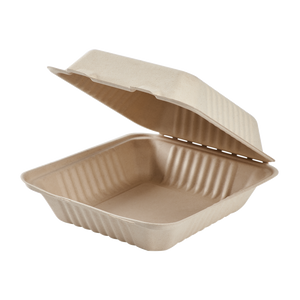 Wholesale 8'' x 8'' Compostable Bagasse Hinged Containers Natural - 200 ct