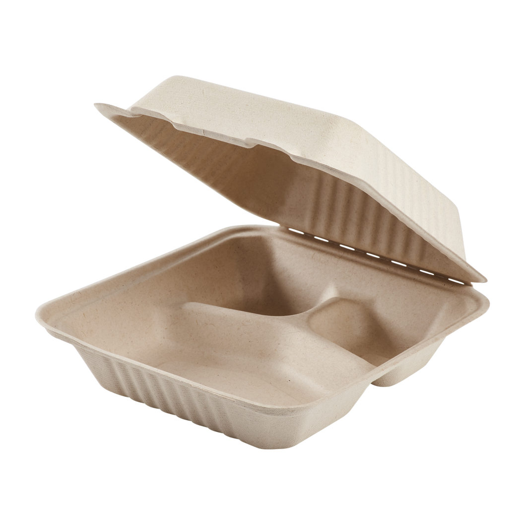 Wholesale 8'' x 8'' Compostable Bagasse Hinged Containers, 3 Compartments - 200 ct