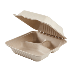 Wholesale 8'' x 8'' Compostable Bagasse Hinged Containers, 3 Compartments - 200 ct