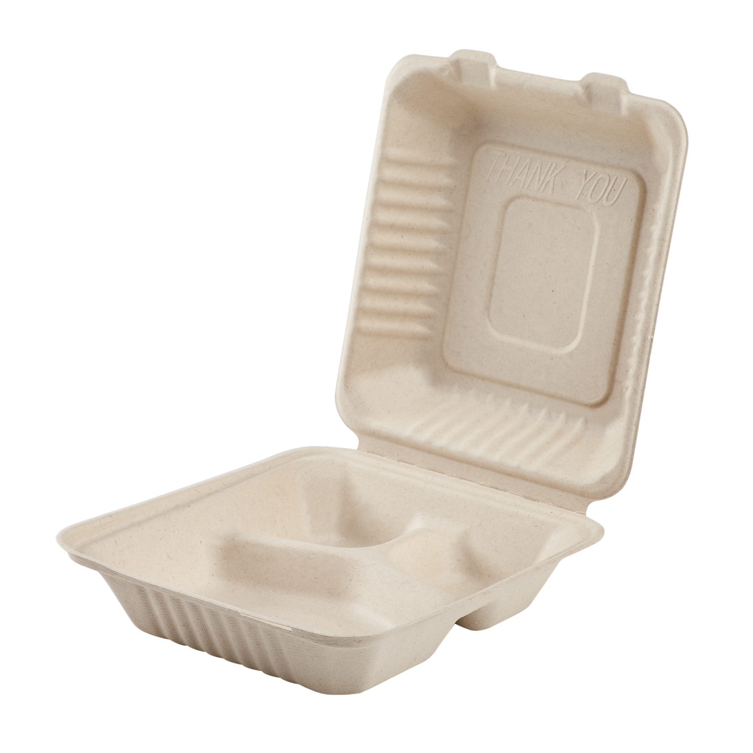 Wholesale 8'' x 8'' Compostable Bagasse Hinged Containers, 3 Compartments - 200 ct