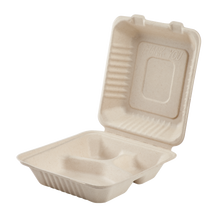 Load image into Gallery viewer, Wholesale 8&#39;&#39; x 8&#39;&#39; Compostable Bagasse Hinged Containers, 3 Compartments - 200 ct
