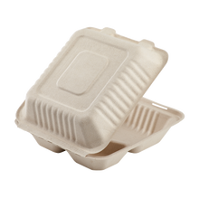 Load image into Gallery viewer, Wholesale 8&#39;&#39; x 8&#39;&#39; Compostable Bagasse Hinged Containers, 3 Compartments - 200 ct

